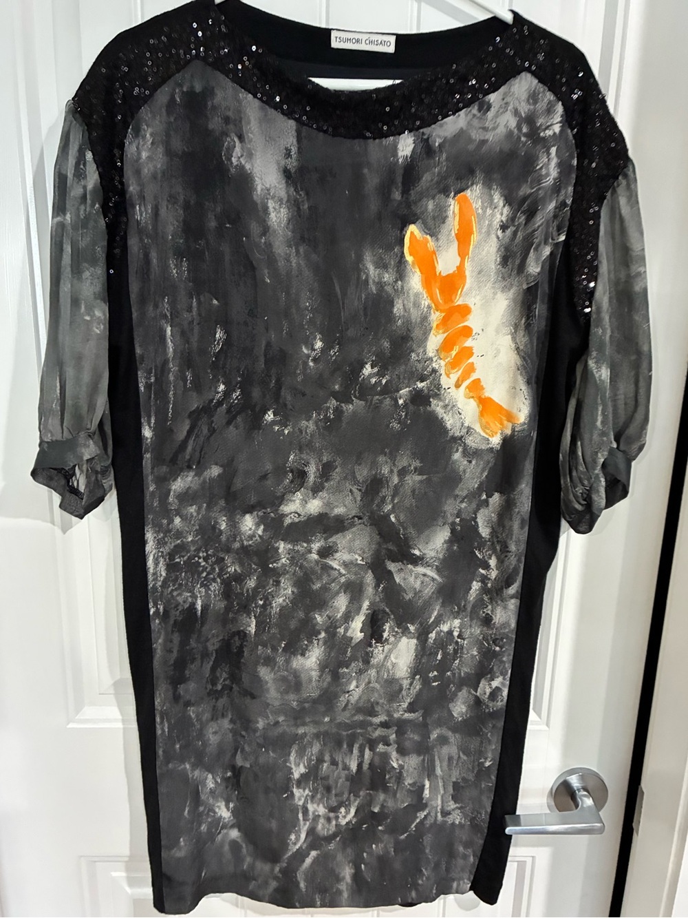 Tsumori Chisato Woman’s Black, Gray & Orange Painted Silk and  Wool Lined Dress